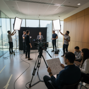 “Corporate video production setup inside a modern Dubai office.”