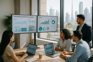 “Dermatologist recording informative skincare content in a professional studio setup.” - Dermatology Clinic Marketing in the UAE | SparkWave