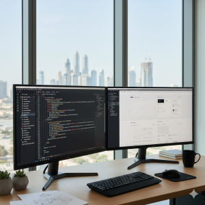 “Developer workstation displaying website code and responsive design previews.”