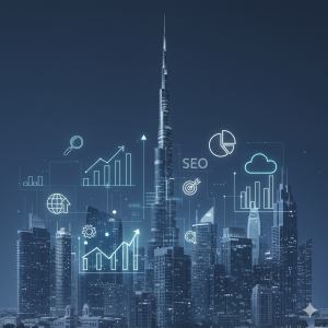 Dubai skyline with digital analytics representing SEO growth and visibility.