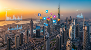 “Dubai skyline with digital marketing analytics and interface elements.”