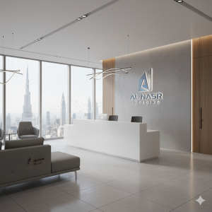 Modern Dubai corporate office with branded signage representing cohesive corporate identity.