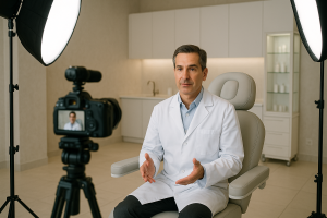 “Plastic surgeon filming a professional educational video in a Dubai clinic.”