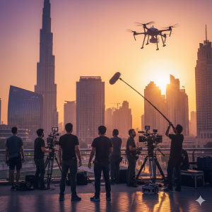 “Professional media production crew filming in Downtown Dubai at sunset.”