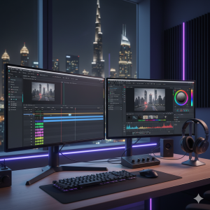 “Video editor working on cinematic footage inside a Dubai post-production studio.”