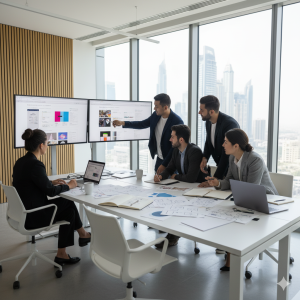 “Web design team in Dubai collaborating on modern UIUX and website development.”