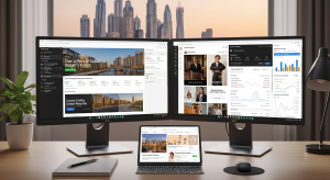 “Workstation displaying Google Ads, Meta Ads, and SEO tools for UAE marketing.” - digital marketing services in the UAE